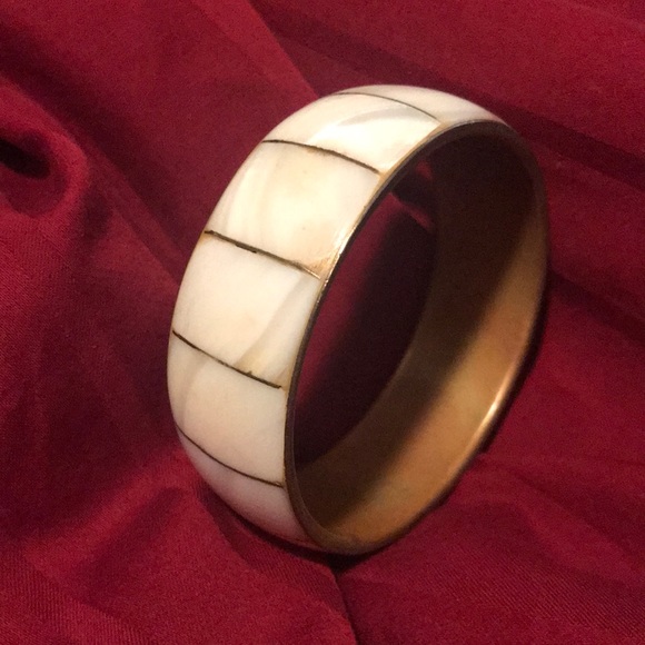 mother of pearl & brass bangle bracelet wide ethnic artisan handmade Vintage - Picture 2 of 7